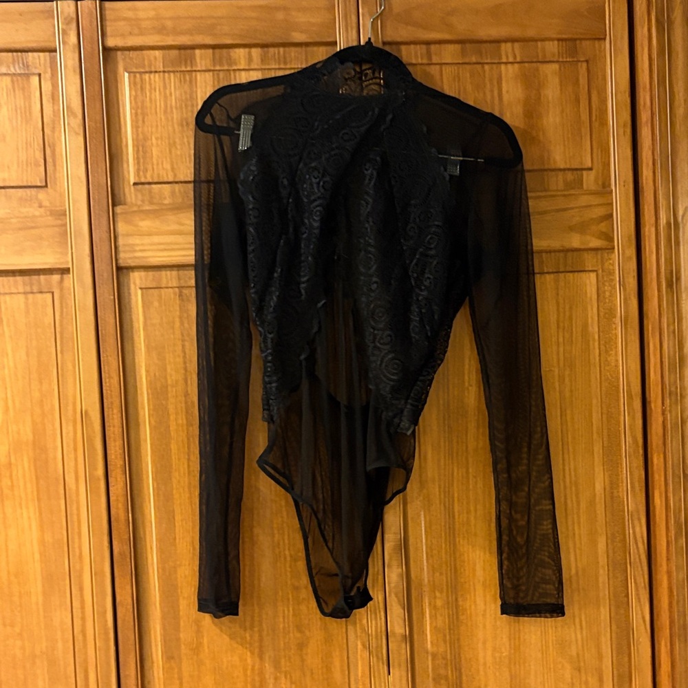 Lulus Black Lace-Front Sheer Long Sleeve Bodysuit size large